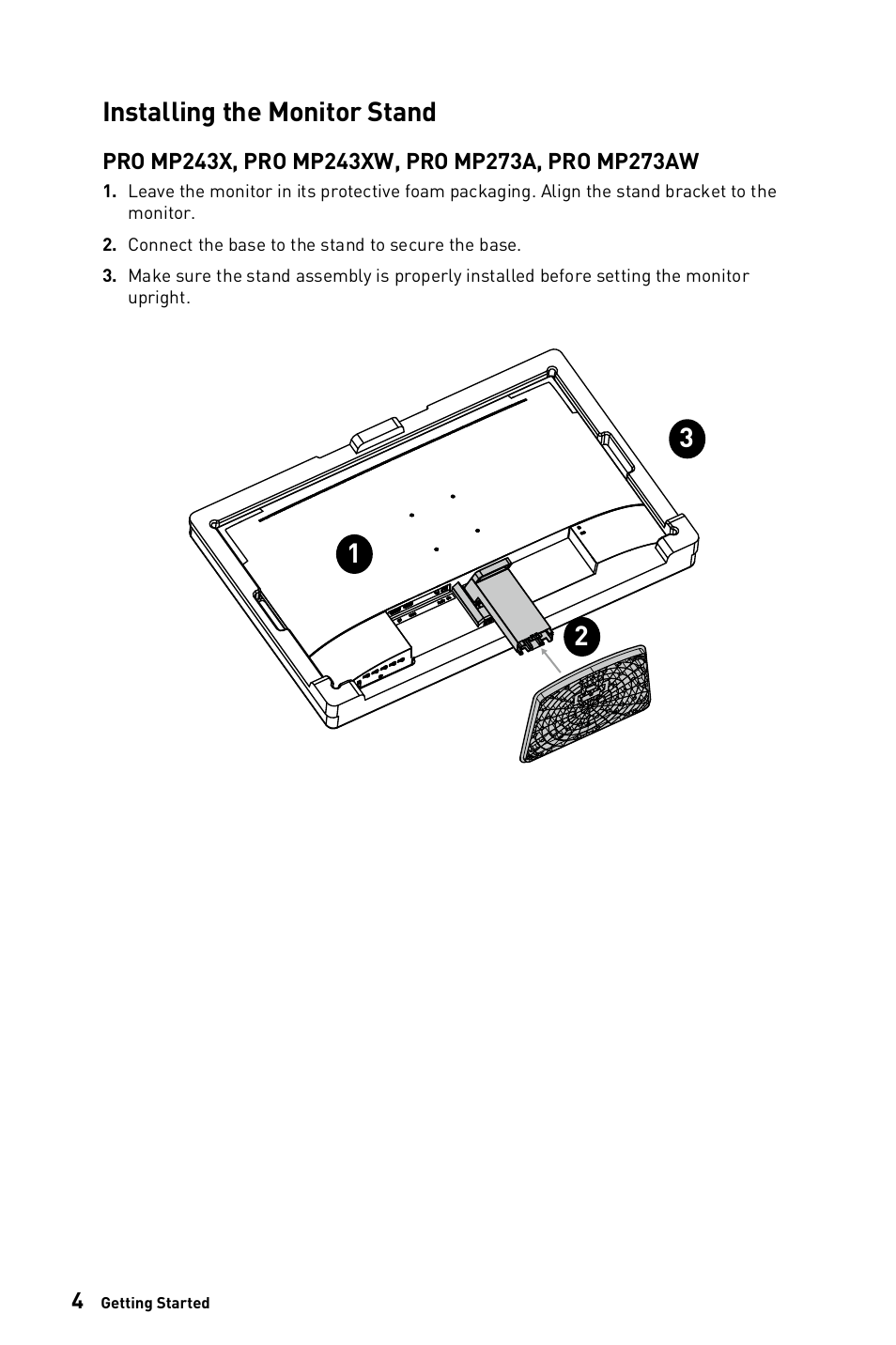 Installing the monitor stand | MSI 27" PRO MP273AW Monitor (Matte White) User Manual | Page 4 / 30