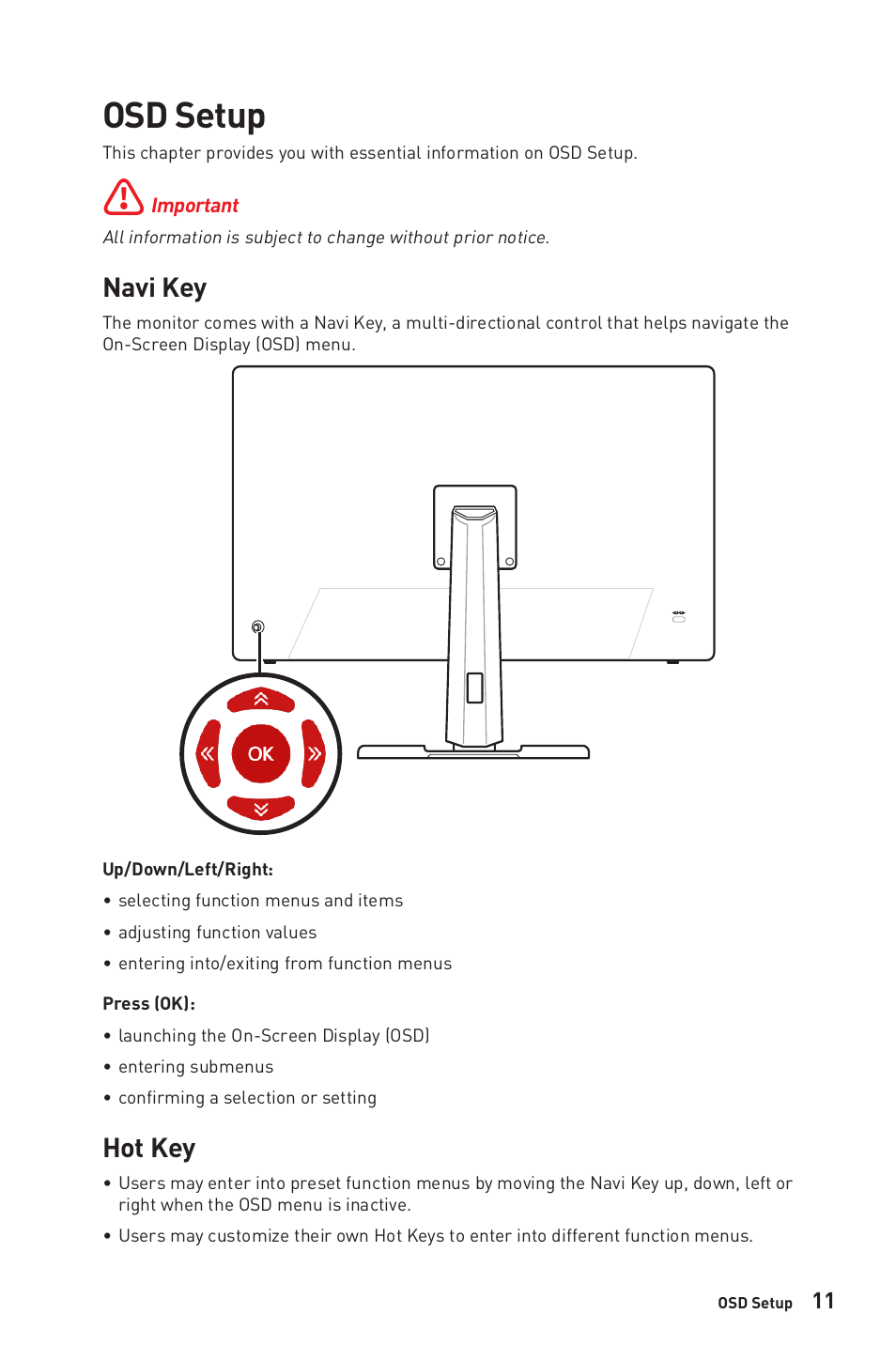 Osd setup, Navi key, Hot key | Navi key hot key | MSI Optix MPG321QRF-QD 32" 16:9 175 Hz IPS Gaming Monitor User Manual | Page 11 / 33