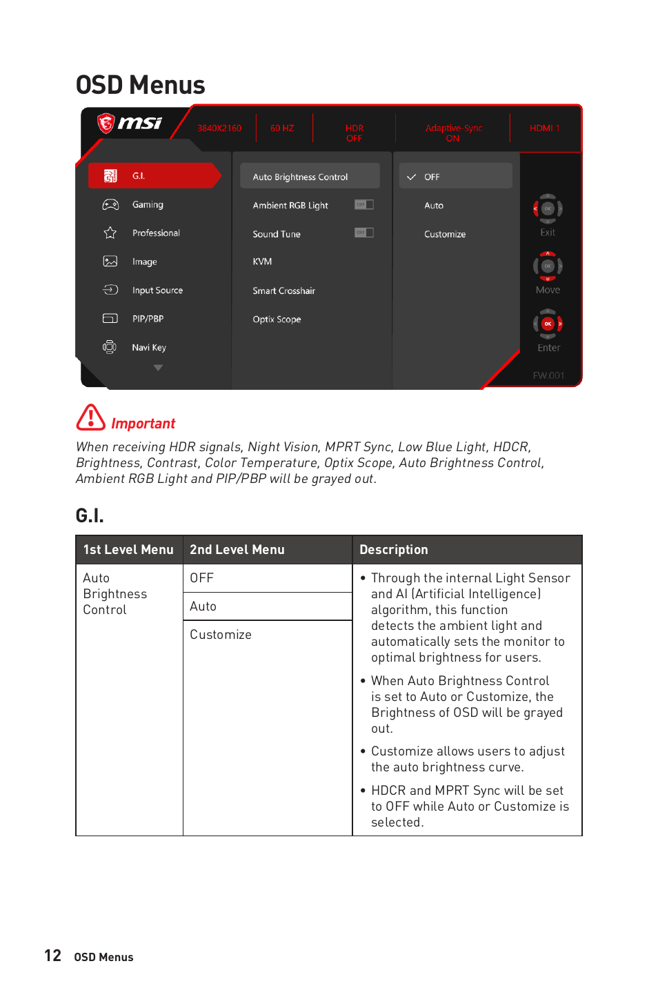 Osd menus | MSI Optix MPG321QRF-QD 32" 16:9 175 Hz IPS Gaming Monitor User Manual | Page 12 / 33