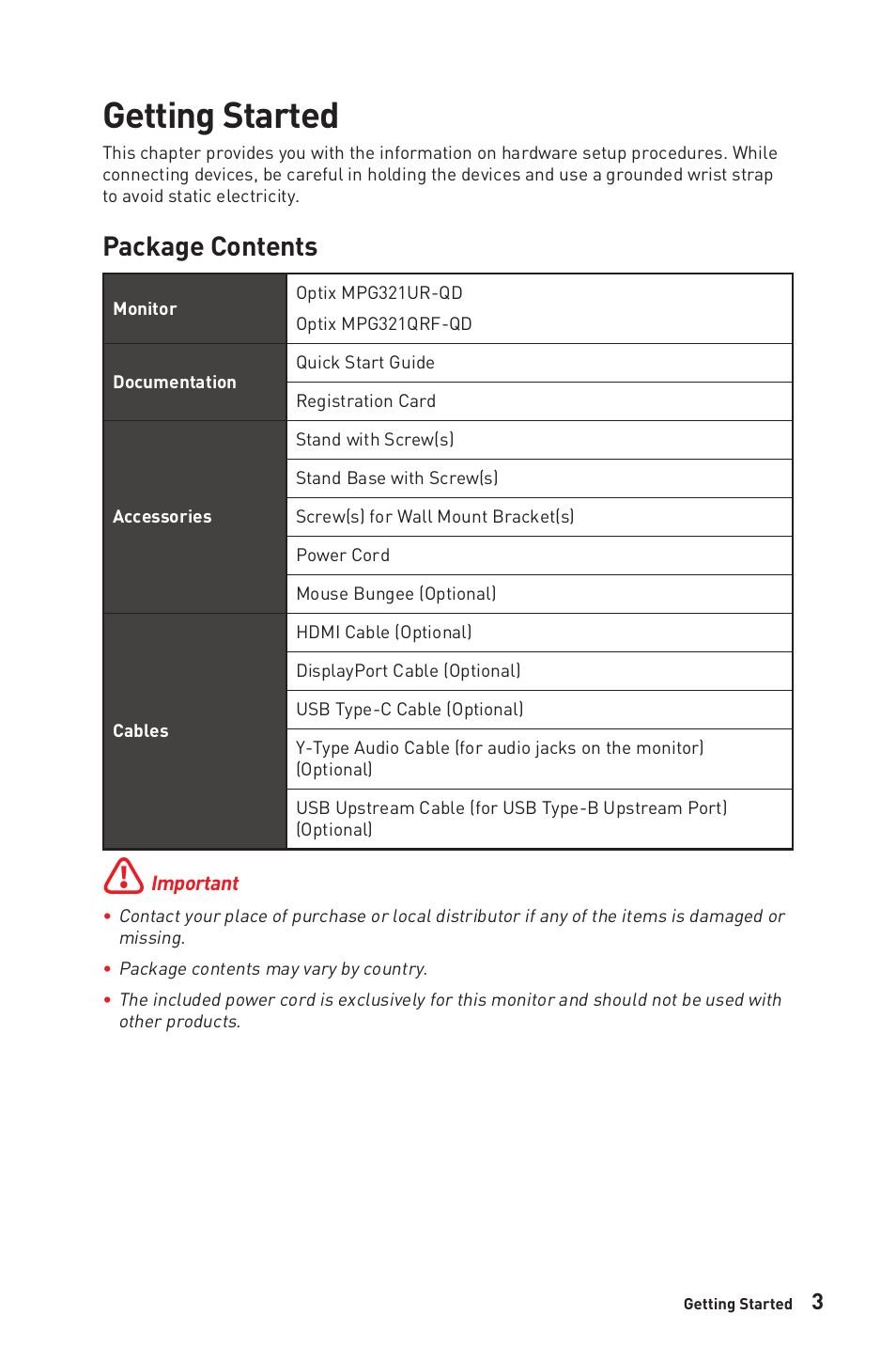 Getting started, Package contents | MSI Optix MPG321QRF-QD 32" 16:9 175 Hz IPS Gaming Monitor User Manual | Page 3 / 33