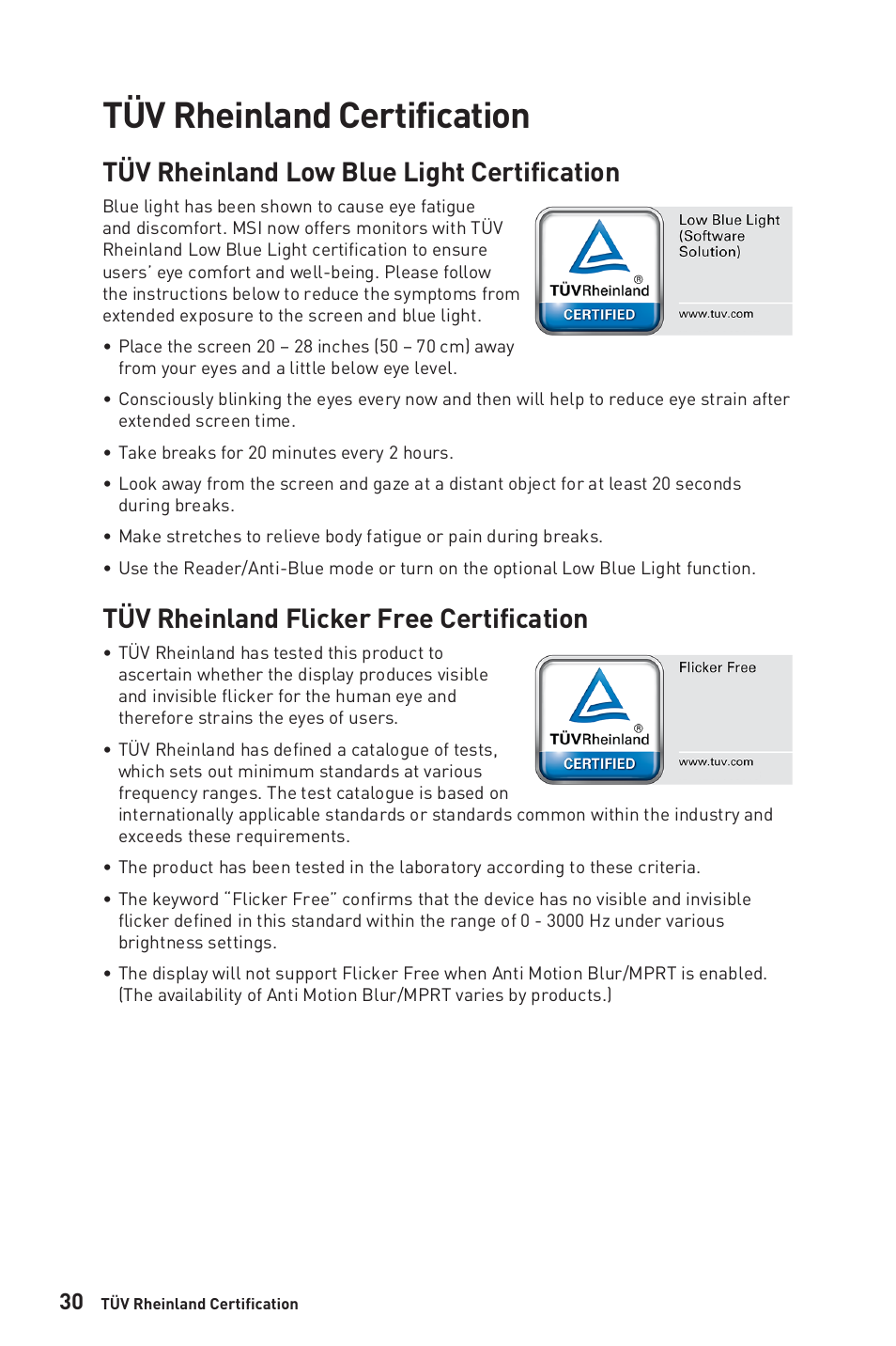 Tüv rheinland certification, Tüv rheinland low blue light certification, Tüv rheinland flicker free certification | MSI Optix MPG321QRF-QD 32" 16:9 175 Hz IPS Gaming Monitor User Manual | Page 30 / 33