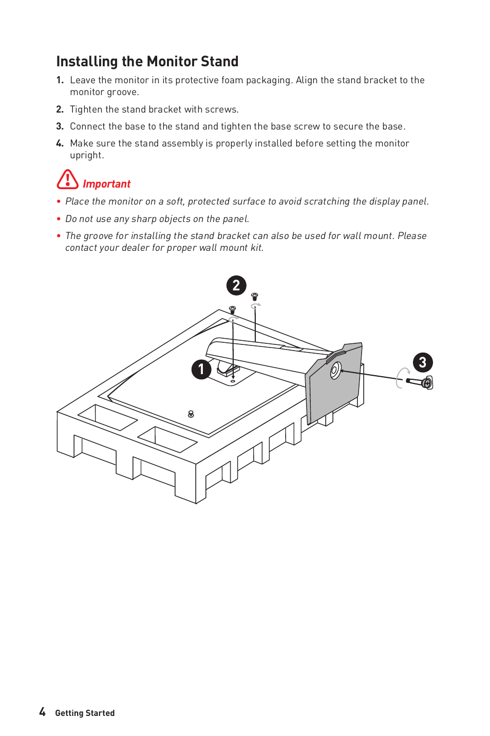 Installing the monitor stand | MSI Optix MPG321QRF-QD 32" 16:9 175 Hz IPS Gaming Monitor User Manual | Page 4 / 33