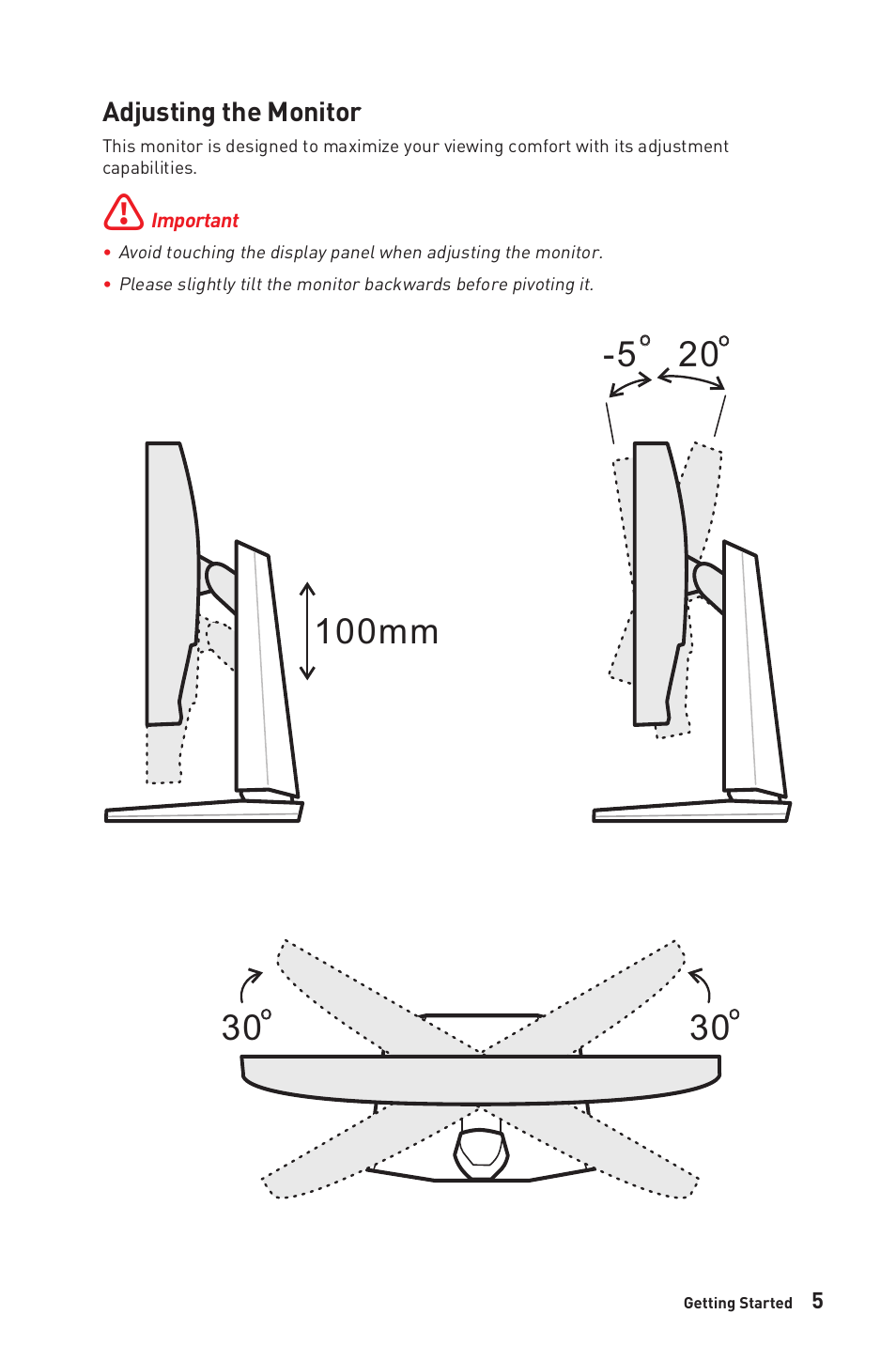 Adjusting the monitor, 100mm -5 | MSI Optix MPG321QRF-QD 32" 16:9 175 Hz IPS Gaming Monitor User Manual | Page 5 / 33