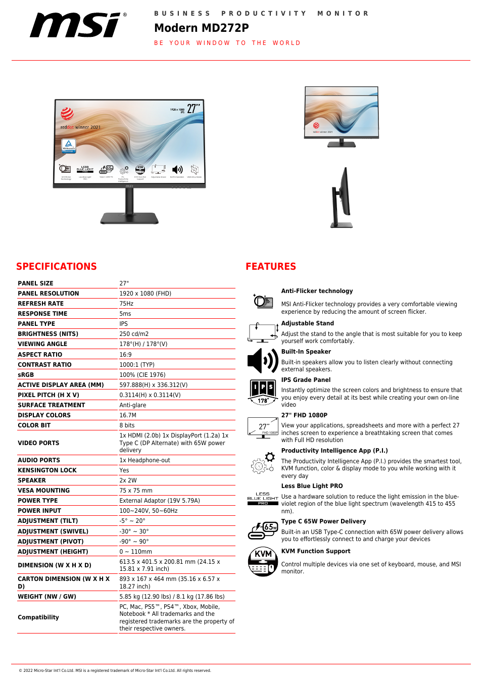 MSI Modern MD272PW 27" Monitor (White) User Manual | 2 pages