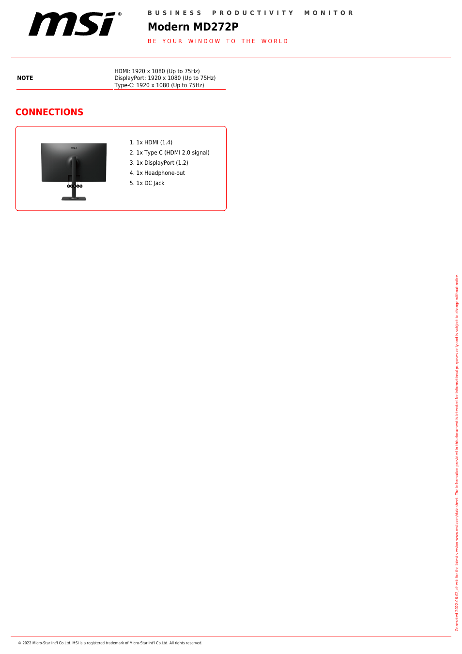 Modern md272p, Connections | MSI Modern MD272PW 27" Monitor (White) User Manual | Page 2 / 2