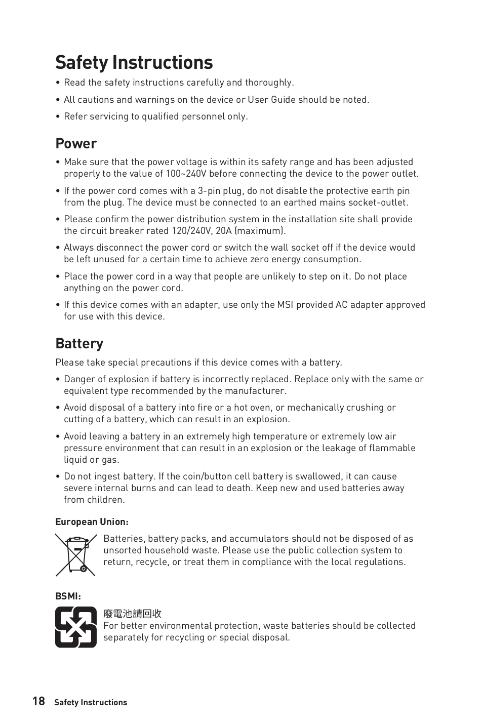 Safety instructions, Power, Battery | MSI PRO MP341CQW 34" 1440p 100 Hz Ultrawide Business Monitor (White) User Manual | Page 18 / 23