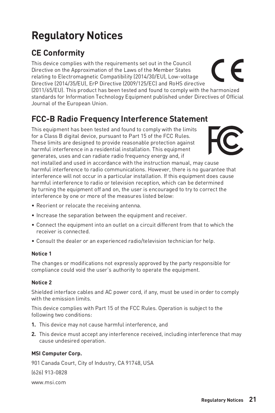 Regulatory notices, Ce conformity, Fcc-b radio frequency interference statement | MSI PRO MP341CQW 34" 1440p 100 Hz Ultrawide Business Monitor (White) User Manual | Page 21 / 23