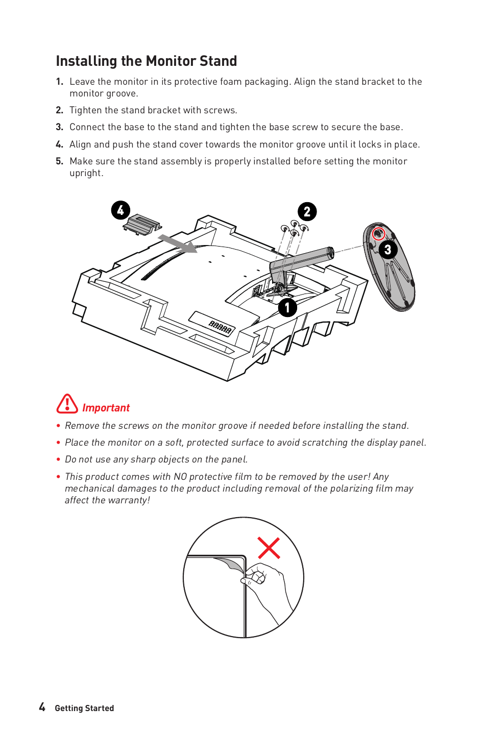 Installing the monitor stand | MSI PRO MP341CQW 34" 1440p 100 Hz Ultrawide Business Monitor (White) User Manual | Page 4 / 23