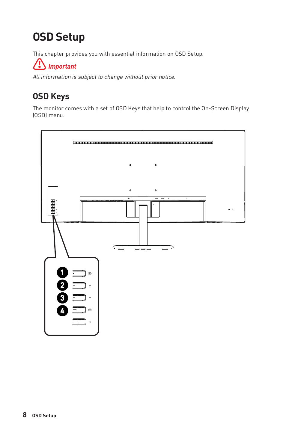 Osd setup, Osd keys | MSI PRO MP341CQW 34" 1440p 100 Hz Ultrawide Business Monitor (White) User Manual | Page 8 / 23