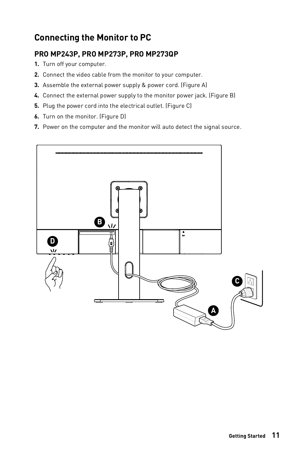 Connecting the monitor to pc | MSI PRO MP273QV 27" 1440p Business Productivity Monitor User Manual | Page 11 / 31