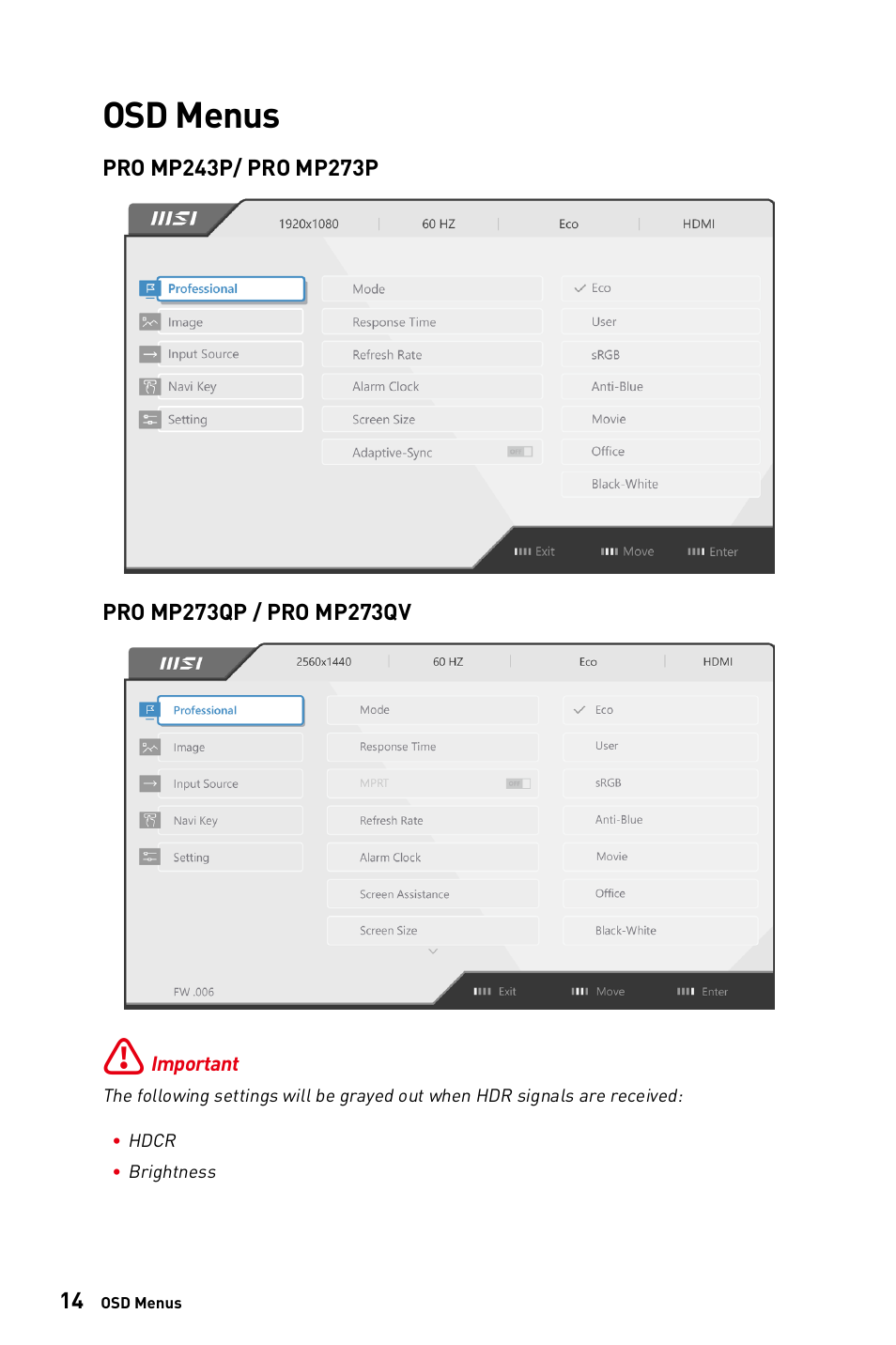 Osd menus | MSI PRO MP273QV 27" 1440p Business Productivity Monitor User Manual | Page 14 / 31