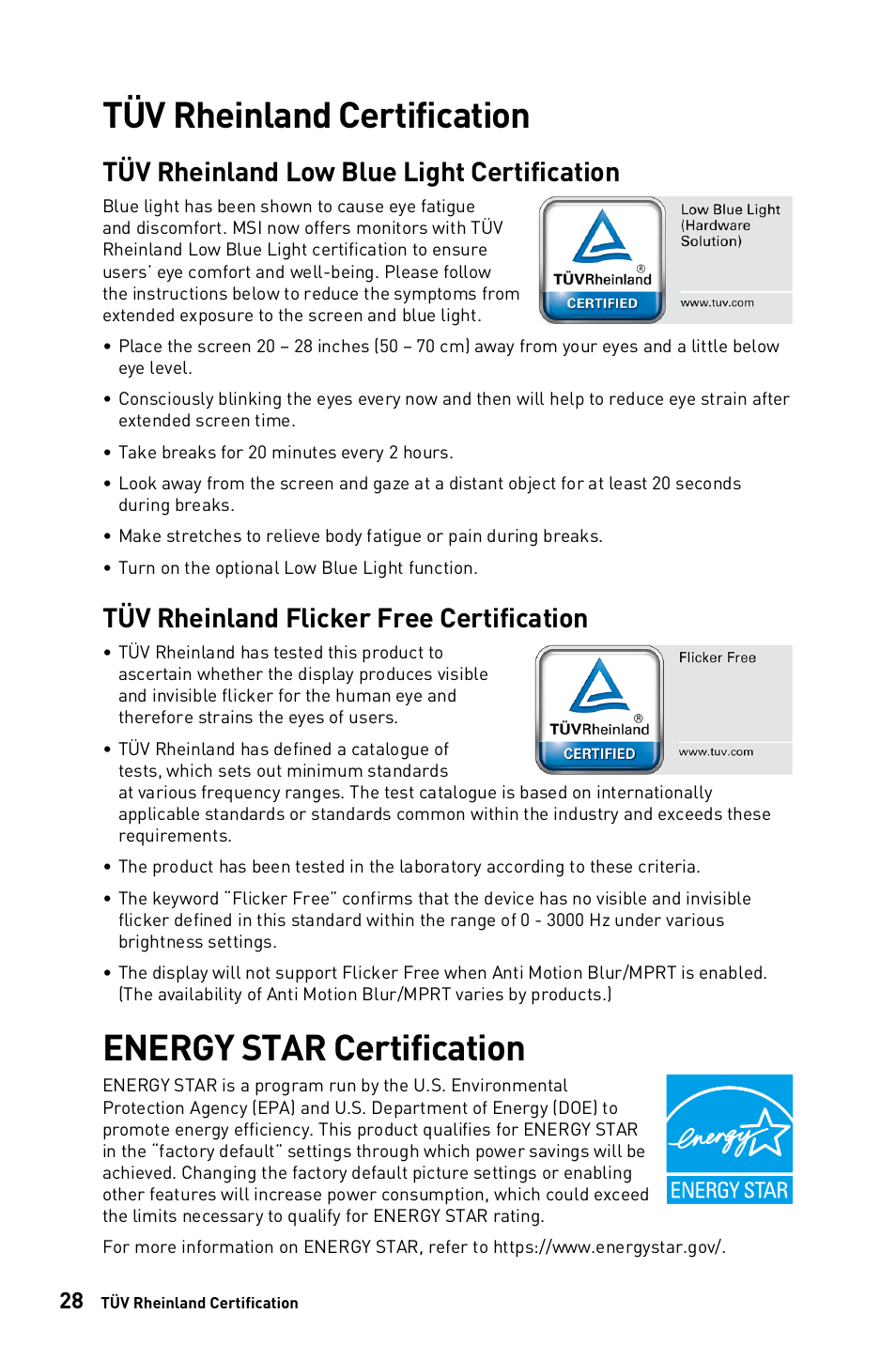 Tüv rheinland certification, Energy star certification, Tüv rheinland low blue light certification | Tüv rheinland flicker free certification | MSI PRO MP273QV 27" 1440p Business Productivity Monitor User Manual | Page 28 / 31