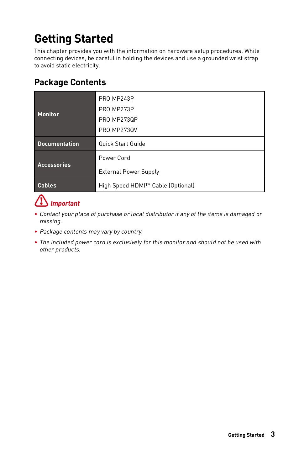 Getting started, Package contents | MSI PRO MP273QV 27" 1440p Business Productivity Monitor User Manual | Page 3 / 31