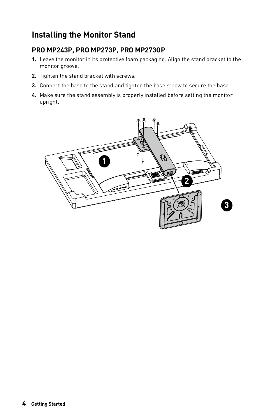 Installing the monitor stand | MSI PRO MP273QV 27" 1440p Business Productivity Monitor User Manual | Page 4 / 31