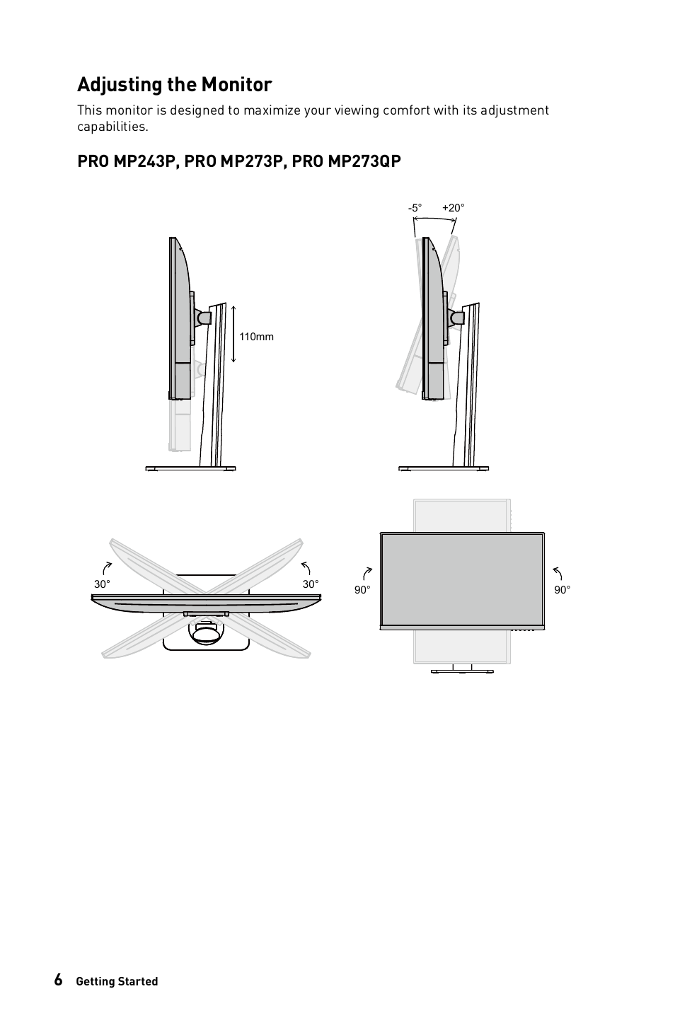 Adjusting the monitor | MSI PRO MP273QV 27" 1440p Business Productivity Monitor User Manual | Page 6 / 31