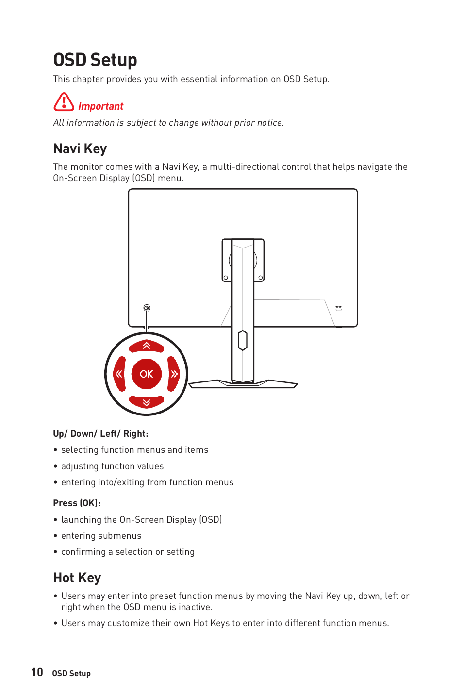 Osd setup, Navi key, Hot key | Navi key hot key | MSI Optix MAG281URF 27.9" 16:9 4K 144 Hz Gaming IPS Monitor User Manual | Page 10 / 31