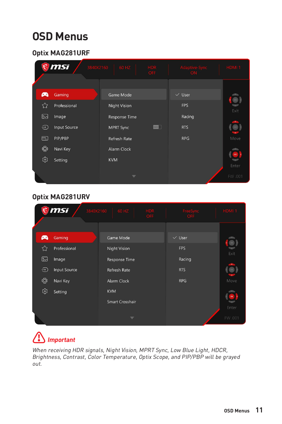 Osd menus | MSI Optix MAG281URF 27.9" 16:9 4K 144 Hz Gaming IPS Monitor User Manual | Page 11 / 31