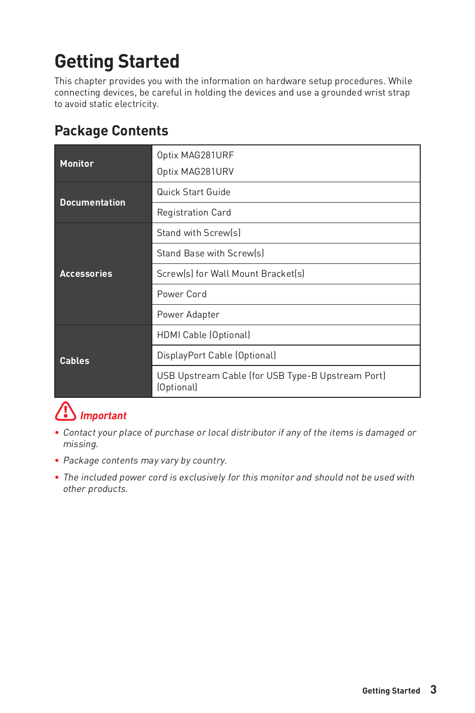 Getting started, Package contents | MSI Optix MAG281URF 27.9" 16:9 4K 144 Hz Gaming IPS Monitor User Manual | Page 3 / 31