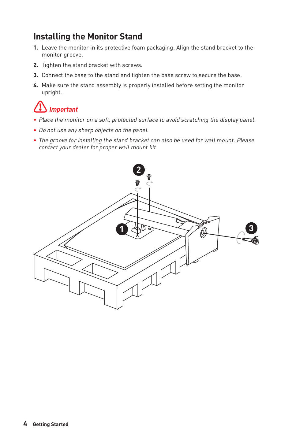 Installing the monitor stand | MSI Optix MAG281URF 27.9" 16:9 4K 144 Hz Gaming IPS Monitor User Manual | Page 4 / 31