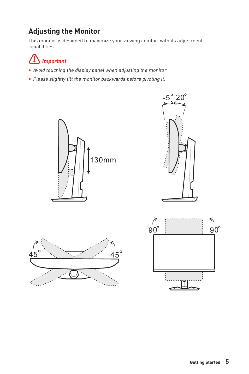 Adjusting the monitor, 130mm -5 | MSI Optix MAG281URF 27.9" 16:9 4K 144 Hz Gaming IPS Monitor User Manual | Page 5 / 31