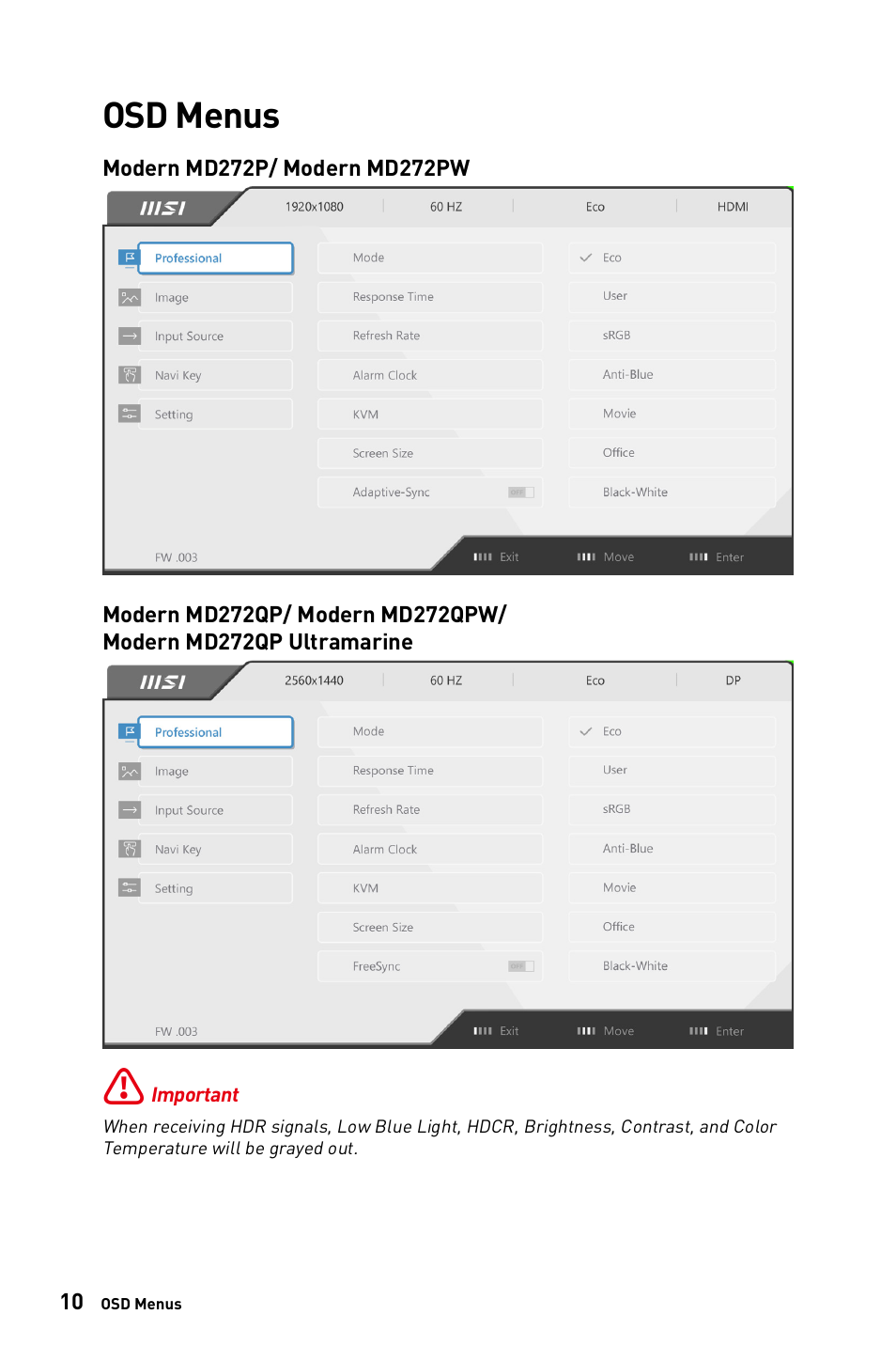 Osd menus | MSI Modern MD272QPW 27" 1440p Monitor (White) User Manual | Page 10 / 26