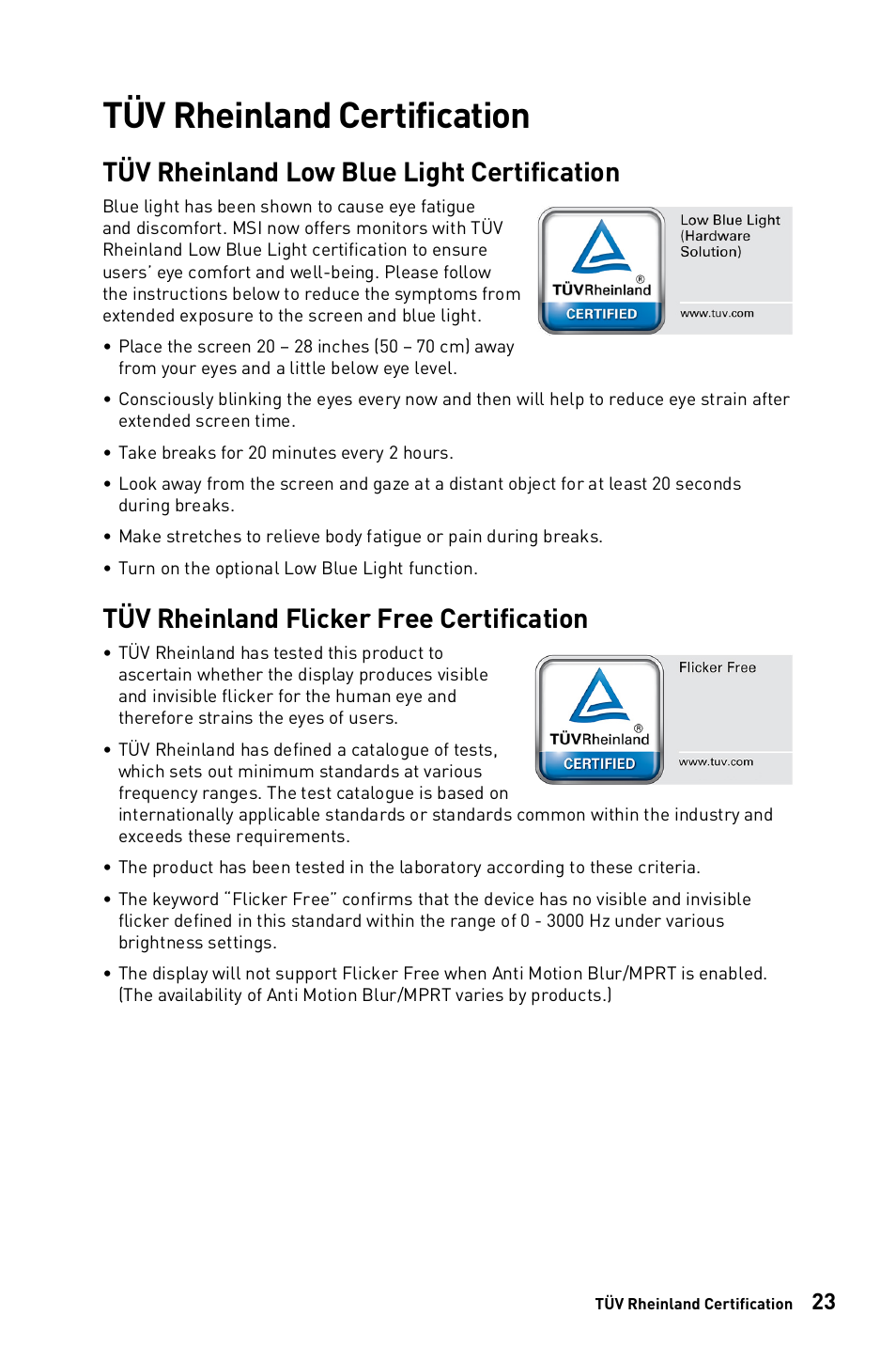 Tüv rheinland certification, Tüv rheinland low blue light certification, Tüv rheinland flicker free certification | MSI Modern MD272QPW 27" 1440p Monitor (White) User Manual | Page 23 / 26
