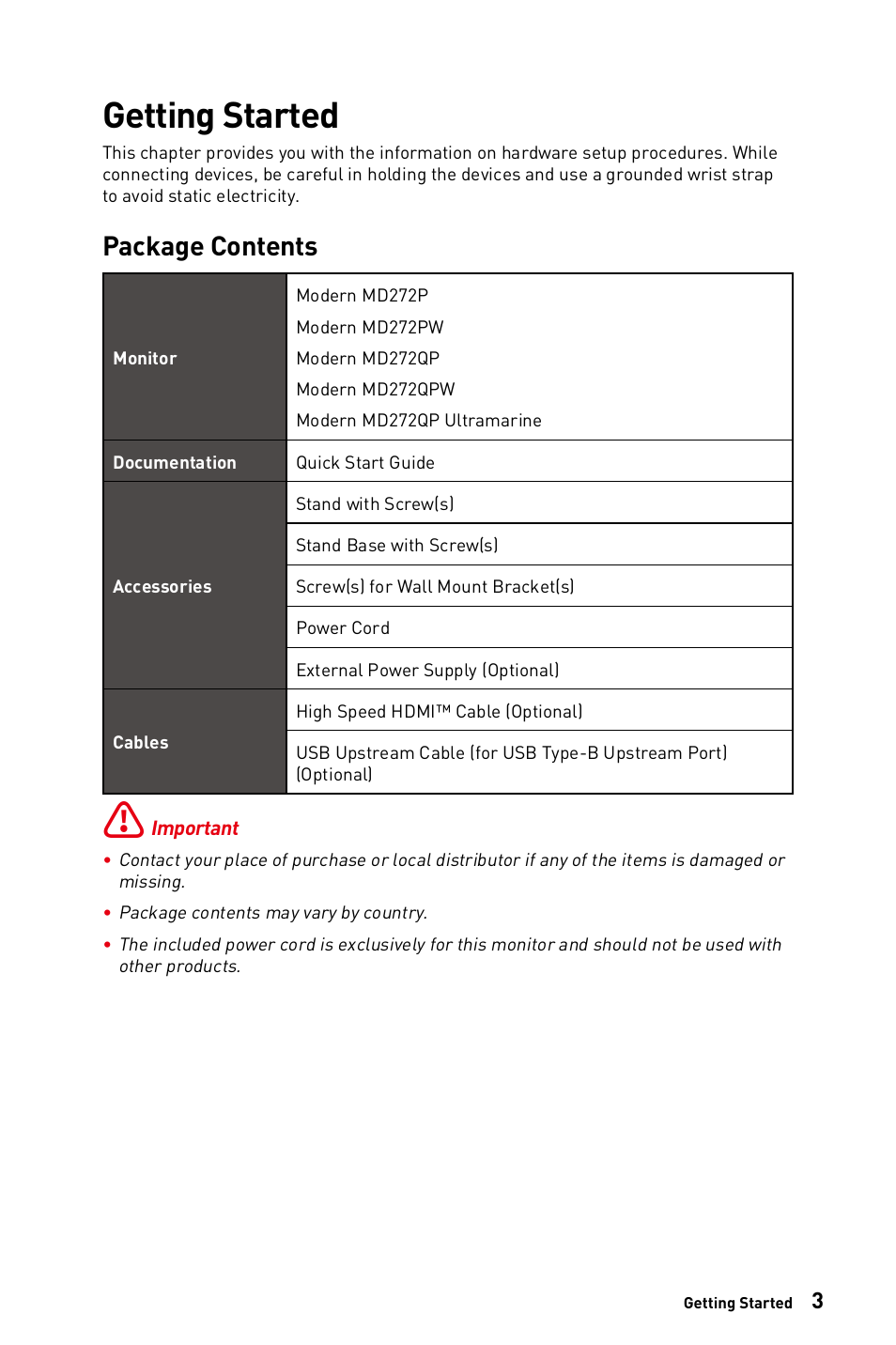 Getting started, Package contents | MSI Modern MD272QPW 27" 1440p Monitor (White) User Manual | Page 3 / 26