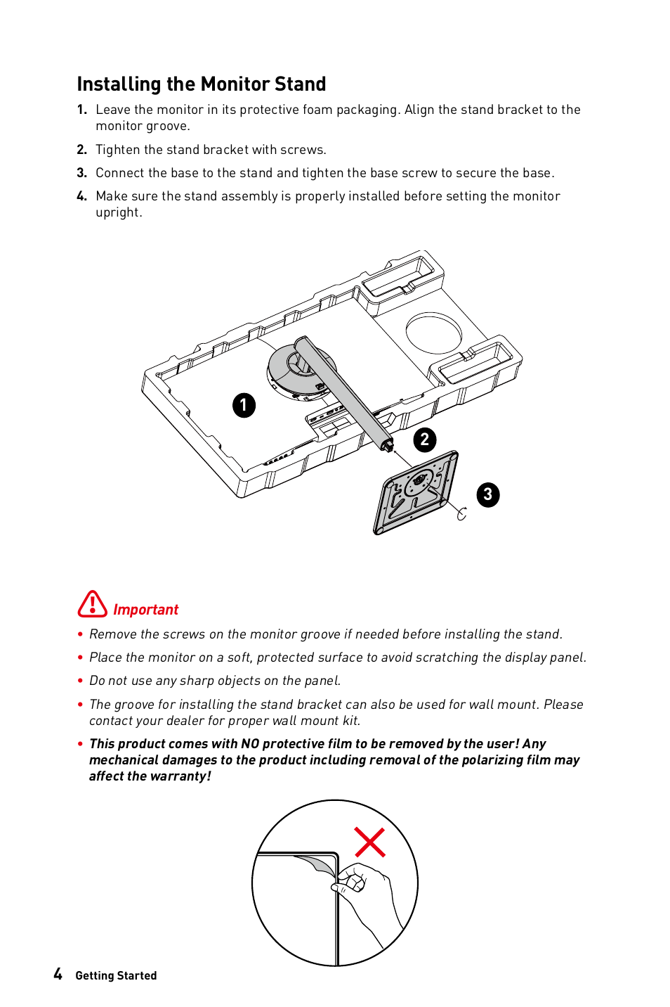 Installing the monitor stand | MSI Modern MD272QPW 27" 1440p Monitor (White) User Manual | Page 4 / 26