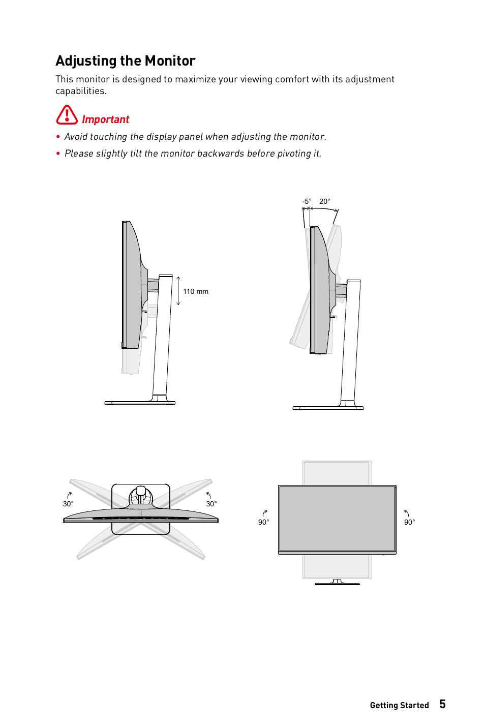 Adjusting the monitor | MSI Modern MD272QPW 27" 1440p Monitor (White) User Manual | Page 5 / 26