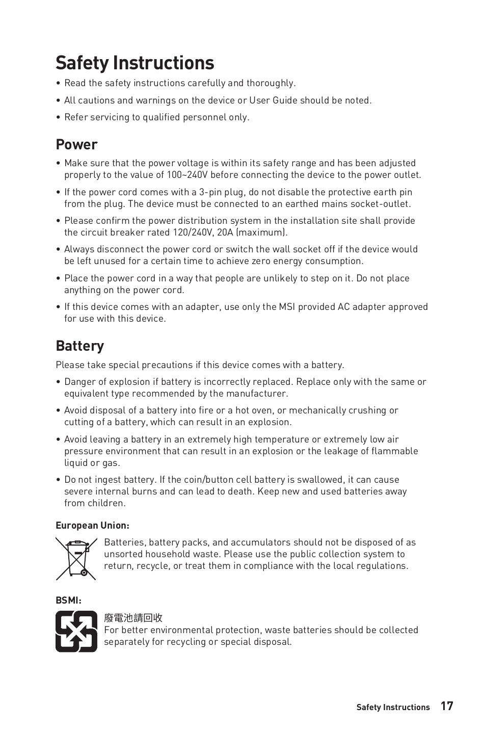 Safety instructions, Power, Battery | MSI PRO MP241X 23.8'' 16:9 75 Hz VA Monitor User Manual | Page 17 / 22