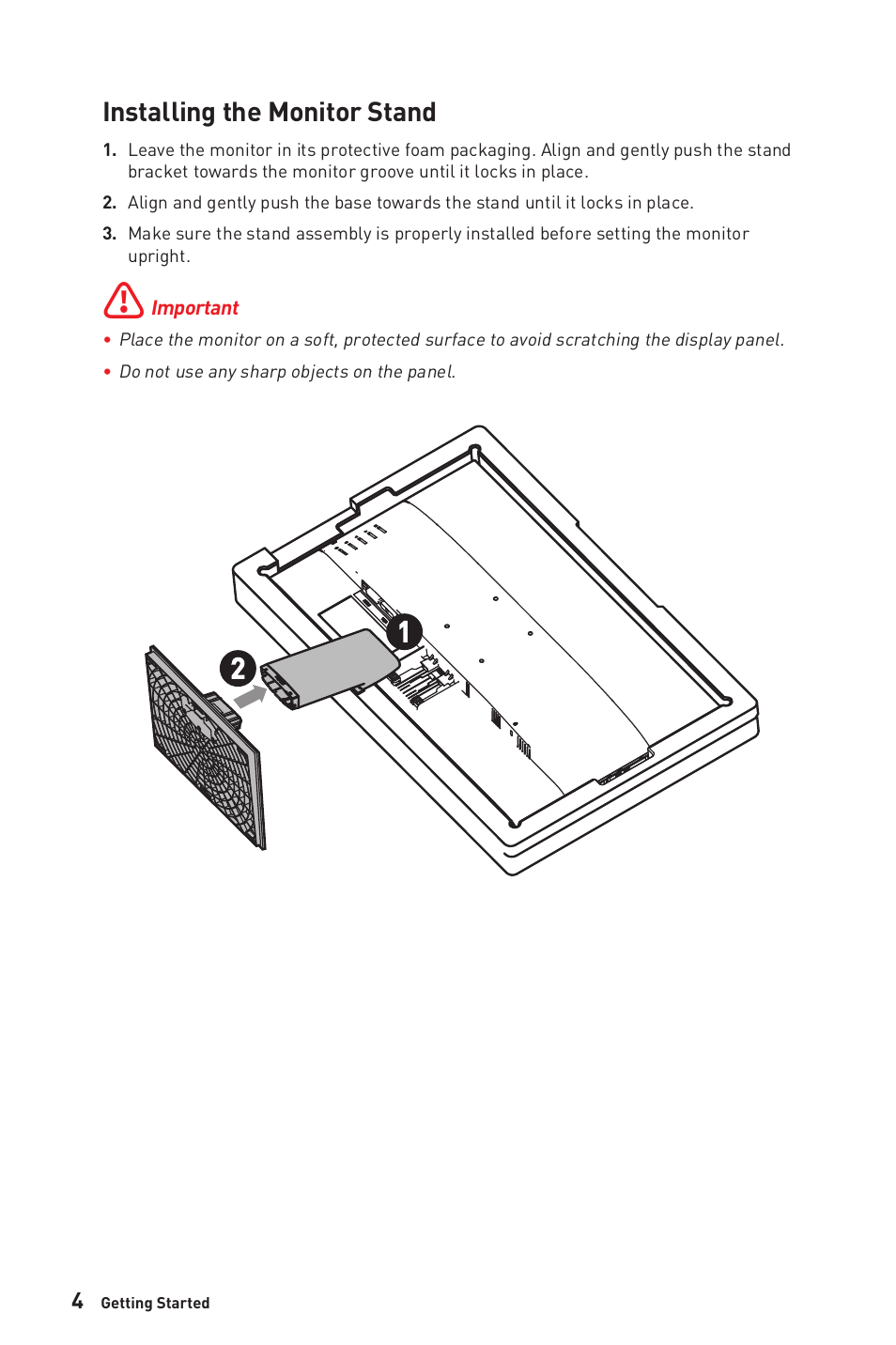 Installing the monitor stand | MSI PRO MP241X 23.8'' 16:9 75 Hz VA Monitor User Manual | Page 4 / 22