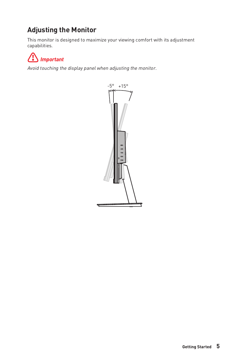 Adjusting the monitor | MSI PRO MP241X 23.8'' 16:9 75 Hz VA Monitor User Manual | Page 5 / 22