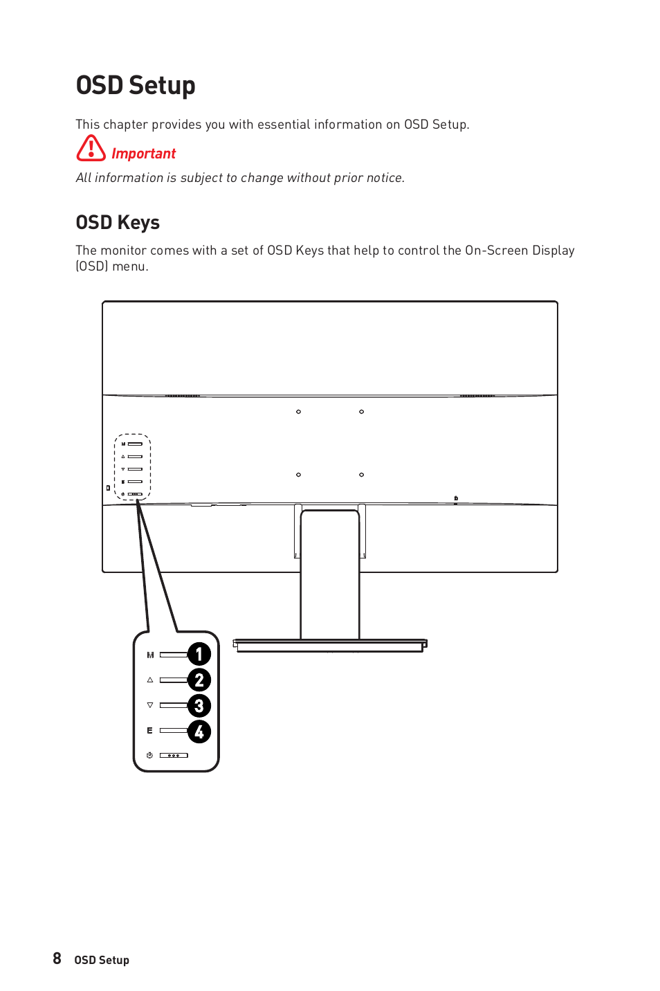 Osd setup, Osd keys | MSI PRO MP241X 23.8'' 16:9 75 Hz VA Monitor User Manual | Page 8 / 22