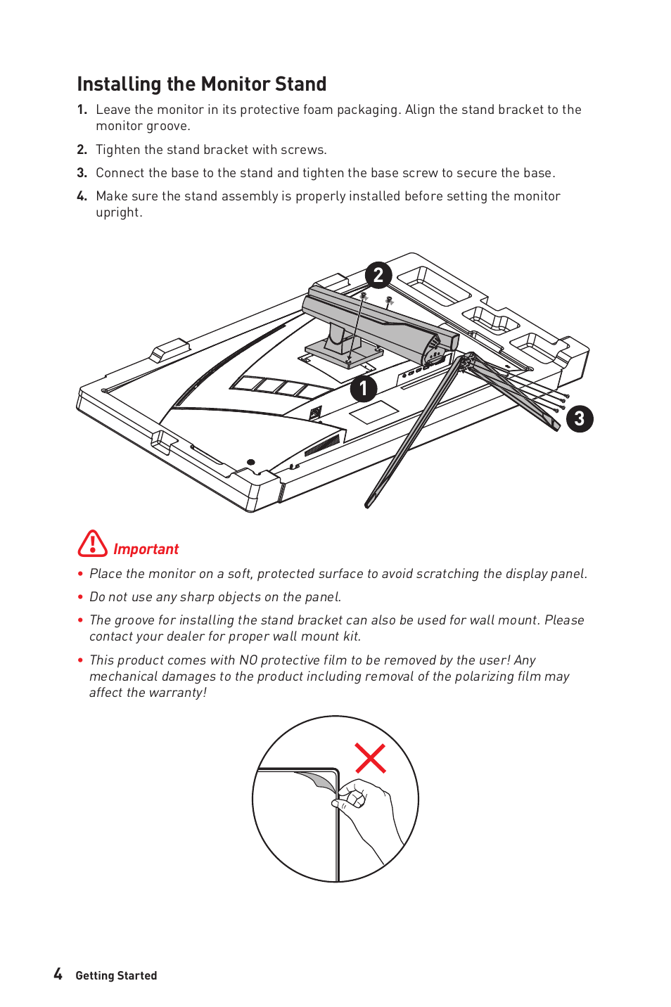 Installing the monitor stand | MSI MAG401QR 40" 1440 155 Hz Ultrawide Gaming Monitor User Manual | Page 4 / 29