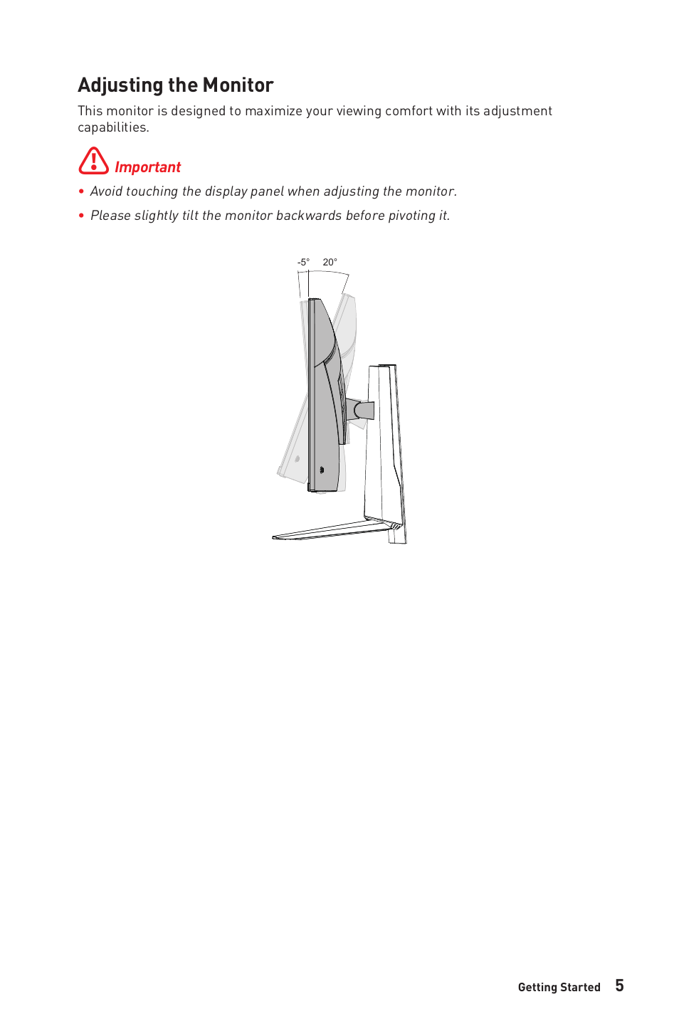 Adjusting the monitor | MSI MAG401QR 40" 1440 155 Hz Ultrawide Gaming Monitor User Manual | Page 5 / 29