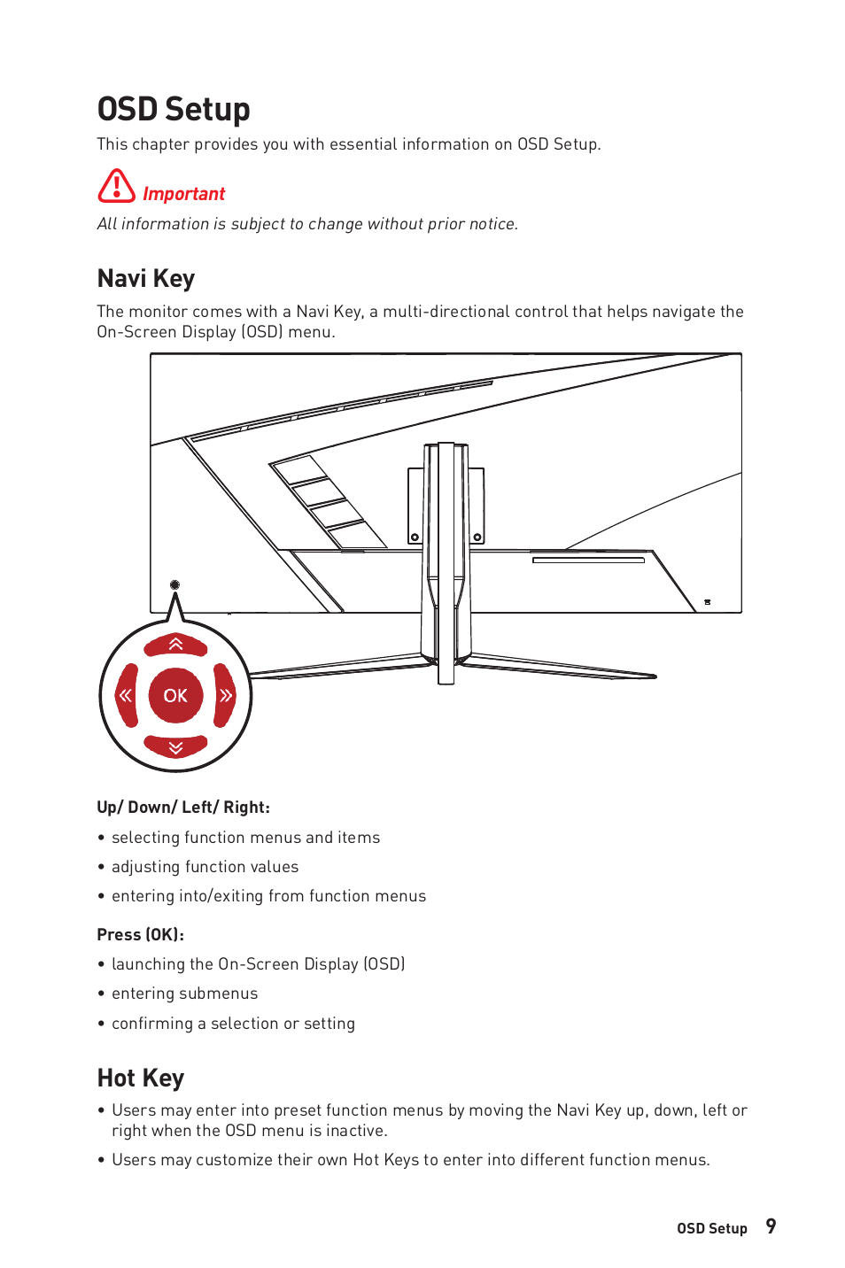 Osd setup, Navi key, Hot key | Navi key hot key | MSI MAG401QR 40" 1440 155 Hz Ultrawide Gaming Monitor User Manual | Page 9 / 29