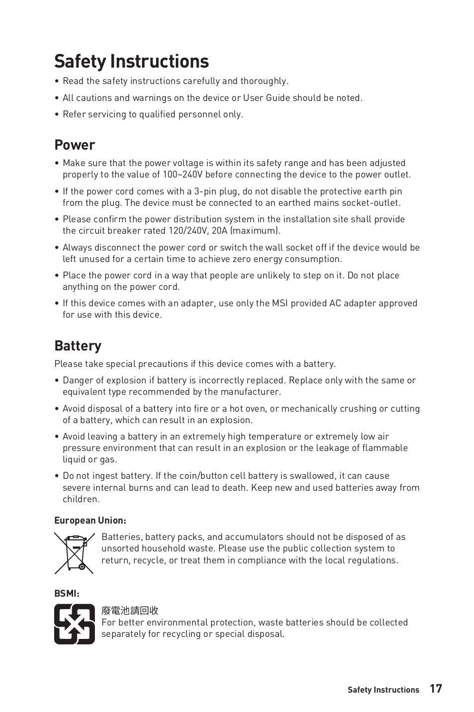 Safety instructions, Power, Battery | MSI Modern MD271CP 27" 16:9 Curved 75 Hz VA Monitor (Black) User Manual | Page 17 / 22