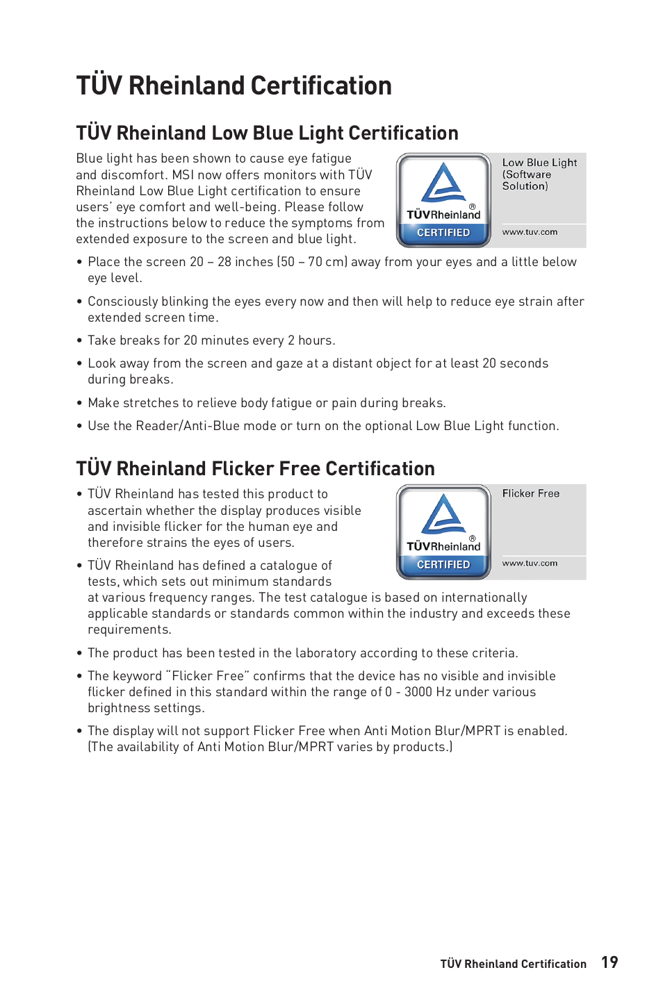 Tüv rheinland certification, Tüv rheinland low blue light certification, Tüv rheinland flicker free certification | MSI Modern MD271CP 27" 16:9 Curved 75 Hz VA Monitor (Black) User Manual | Page 19 / 22