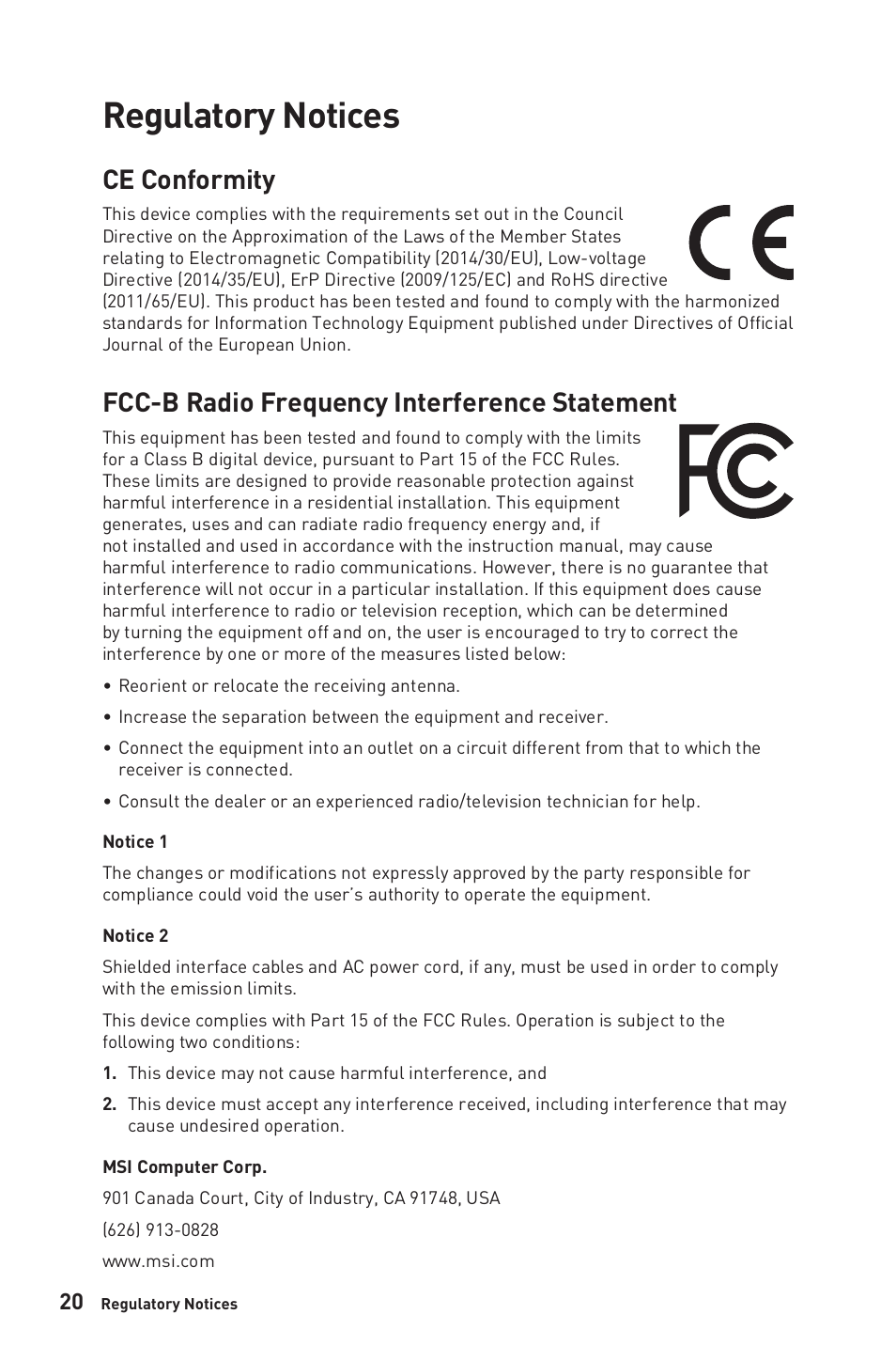 Regulatory notices, Ce conformity, Fcc-b radio frequency interference statement | MSI Modern MD271CP 27" 16:9 Curved 75 Hz VA Monitor (Black) User Manual | Page 20 / 22