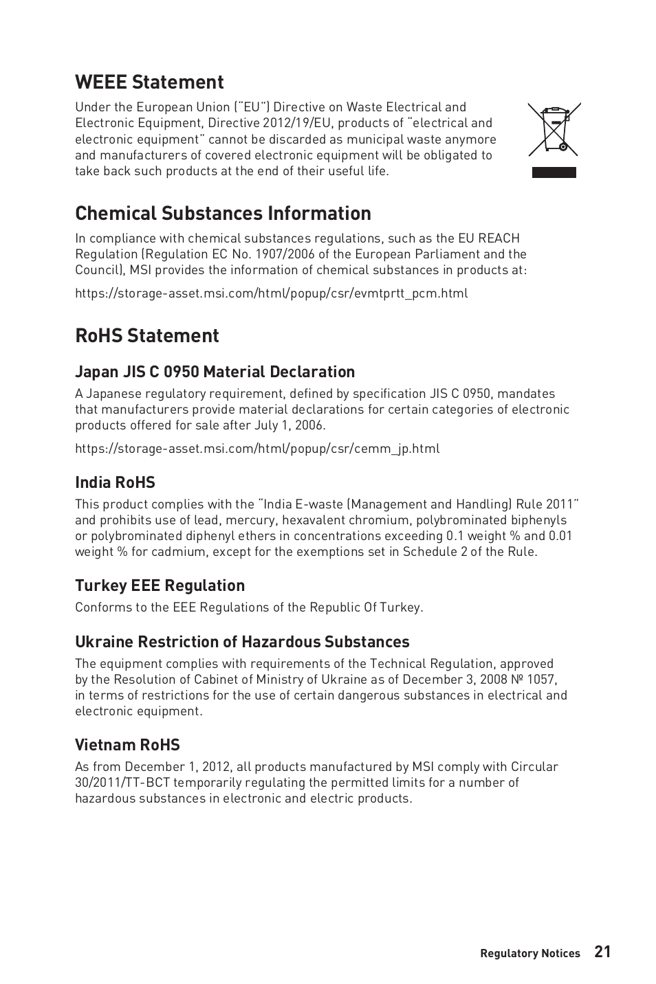 Weee statement, Chemical substances information, Rohs statement | MSI Modern MD271CP 27" 16:9 Curved 75 Hz VA Monitor (Black) User Manual | Page 21 / 22