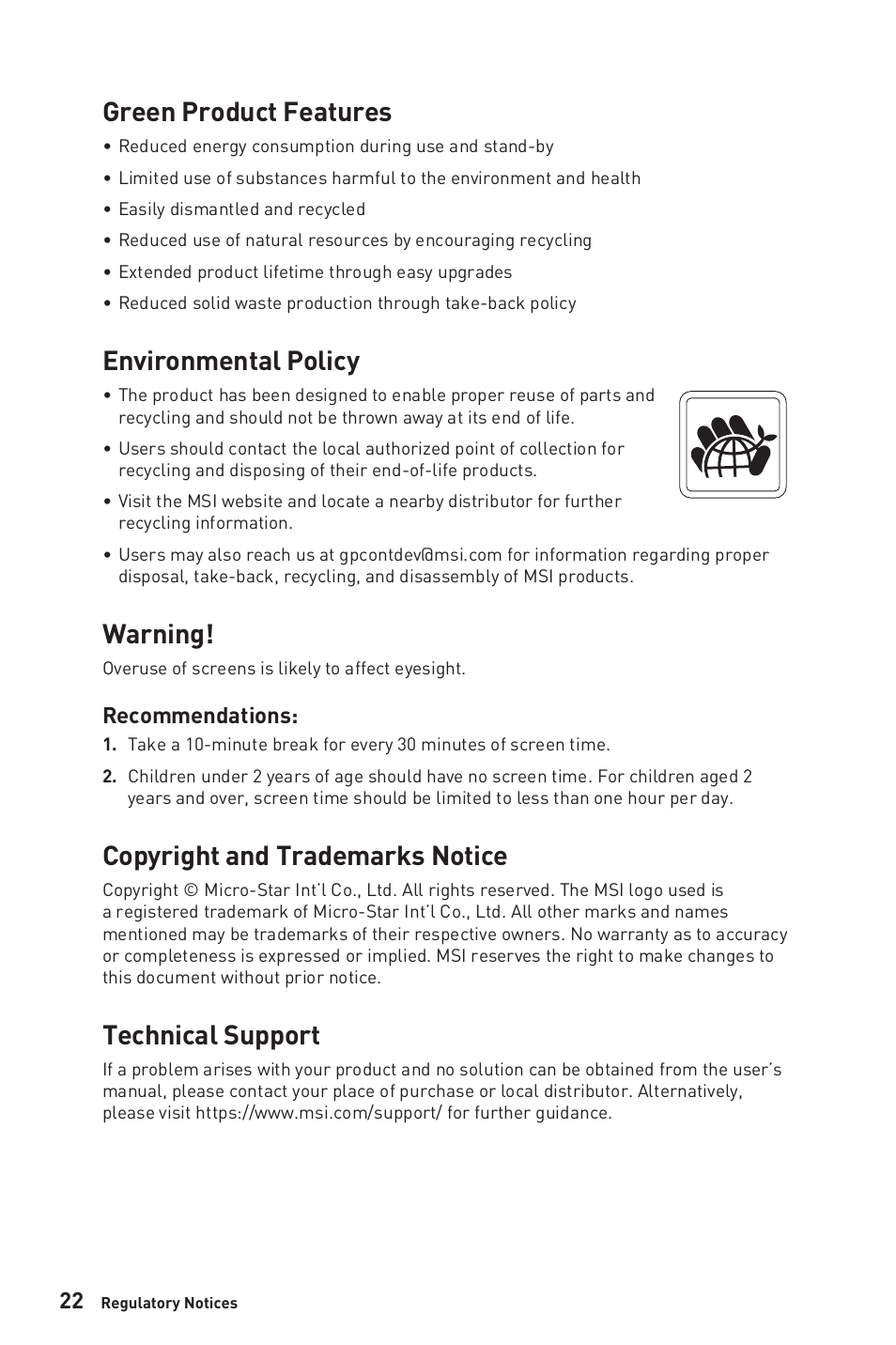 Green product features, Environmental policy, Warning | Copyright and trademarks notice, Technical support, Recommendations | MSI Modern MD271CP 27" 16:9 Curved 75 Hz VA Monitor (Black) User Manual | Page 22 / 22