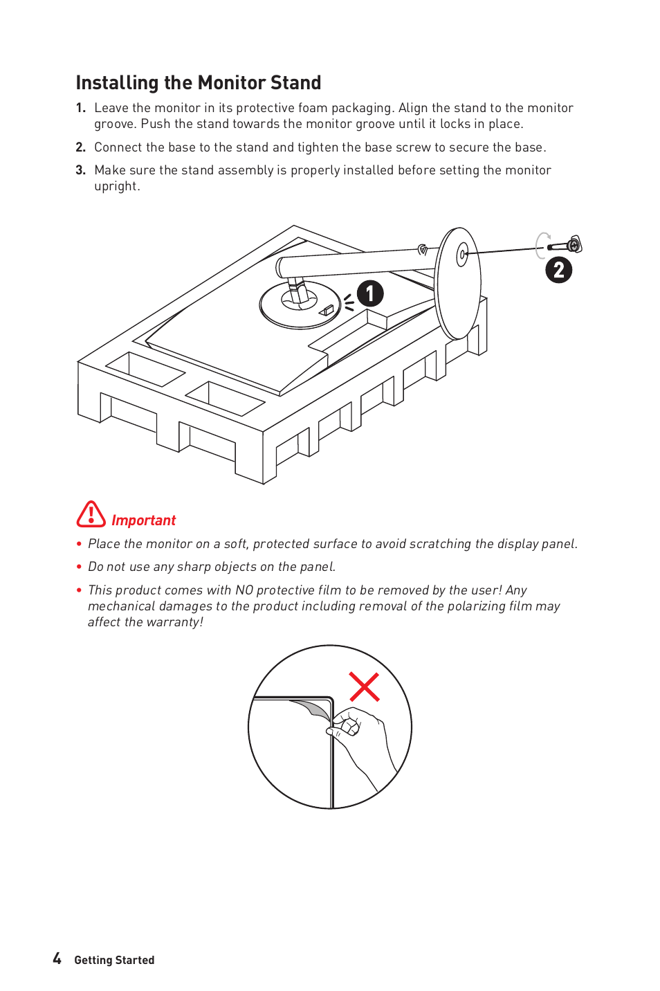 Installing the monitor stand | MSI Modern MD271CP 27" 16:9 Curved 75 Hz VA Monitor (Black) User Manual | Page 4 / 22