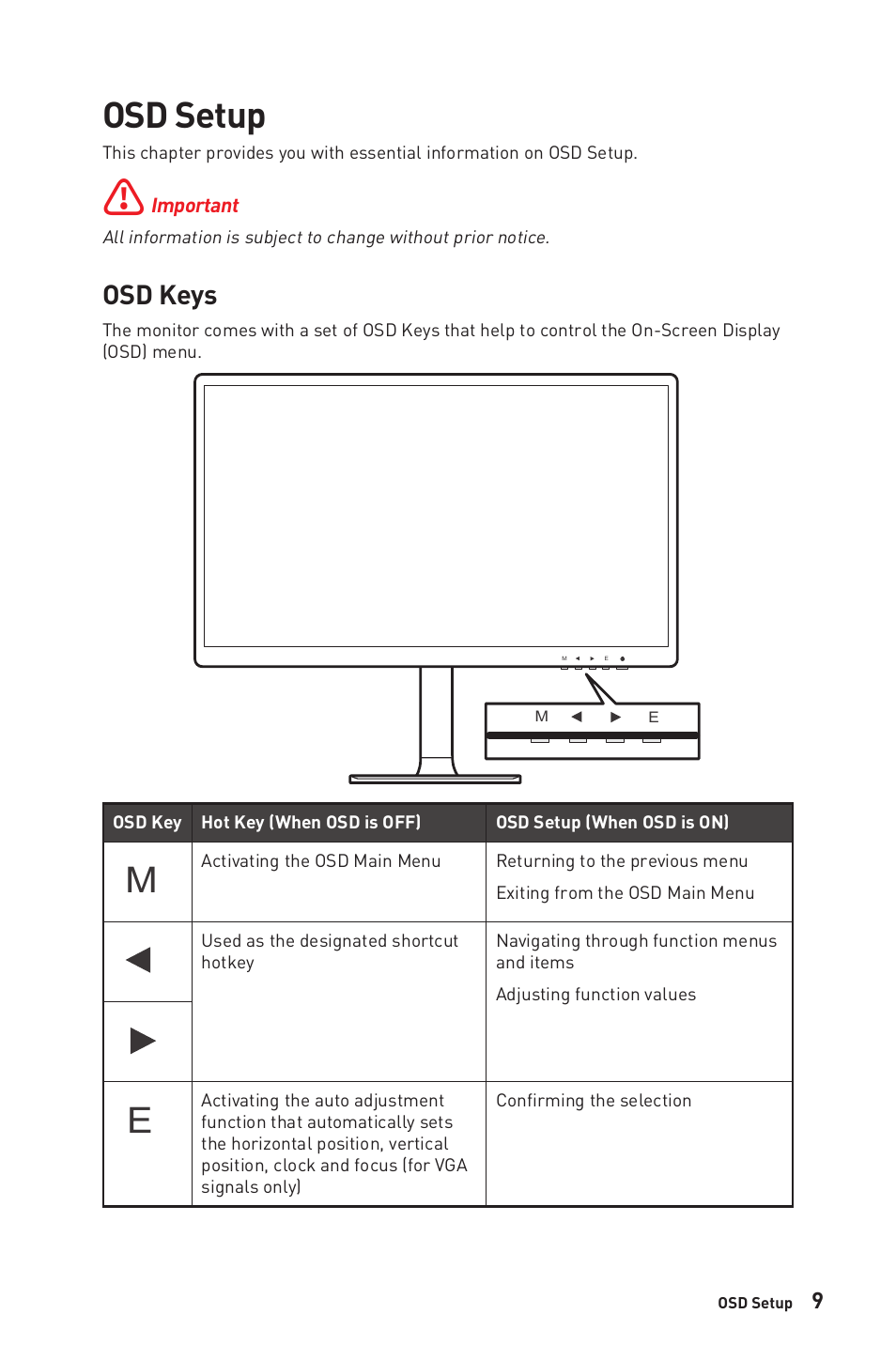 Osd setup, Osd keys | MSI Modern MD271CP 27" 16:9 Curved 75 Hz VA Monitor (Black) User Manual | Page 9 / 22