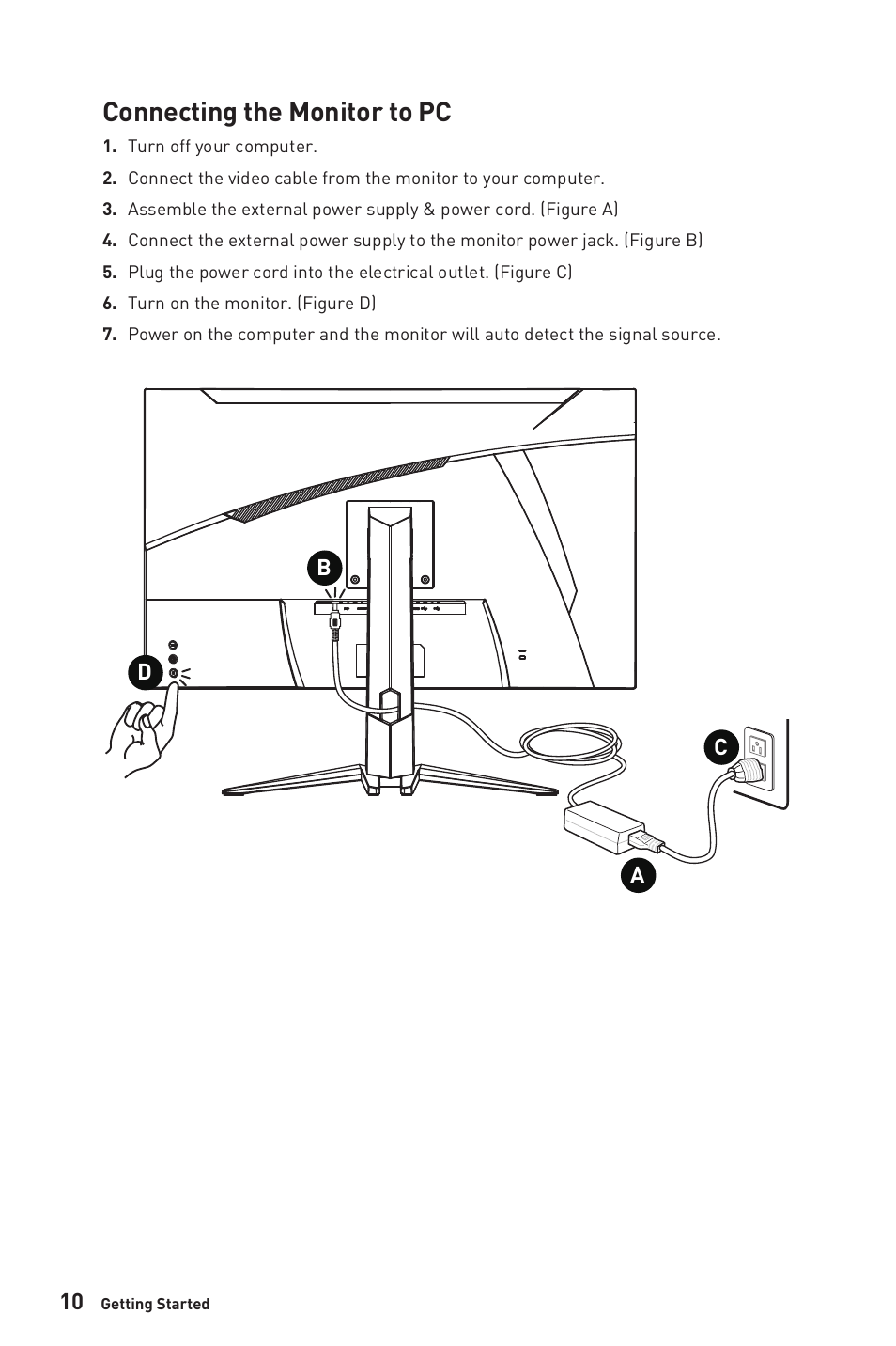 Connecting the monitor to pc, Ab c d | MSI MAG325CQRF-QD 31.5" 1440p 170 Hz Curved Gaming Monitor User Manual | Page 10 / 29