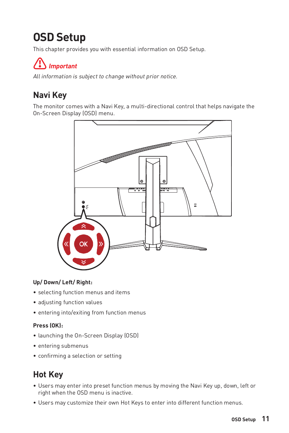 Osd setup, Navi key, Hot key | Navi key hot key | MSI MAG325CQRF-QD 31.5" 1440p 170 Hz Curved Gaming Monitor User Manual | Page 11 / 29