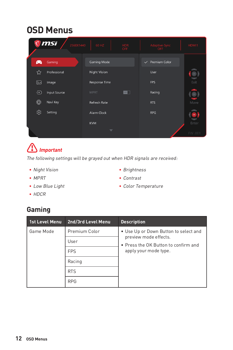 Osd menus, Gaming | MSI MAG325CQRF-QD 31.5" 1440p 170 Hz Curved Gaming Monitor User Manual | Page 12 / 29