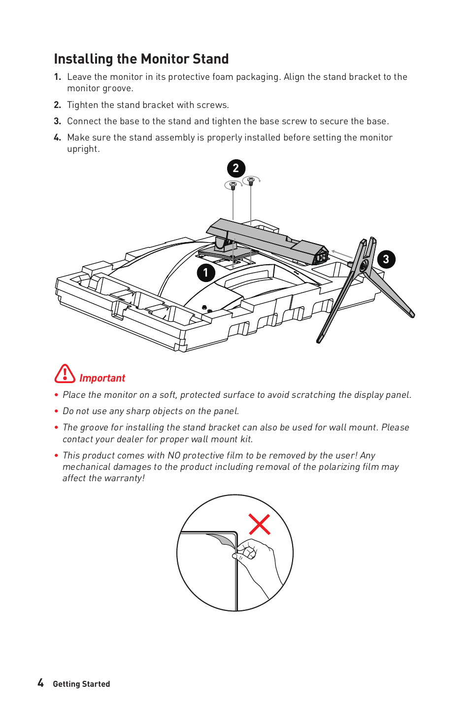 Installing the monitor stand | MSI MAG325CQRF-QD 31.5" 1440p 170 Hz Curved Gaming Monitor User Manual | Page 4 / 29