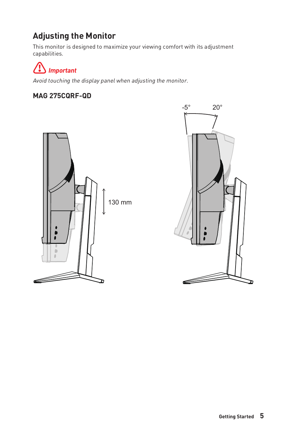 Adjusting the monitor | MSI MAG325CQRF-QD 31.5" 1440p 170 Hz Curved Gaming Monitor User Manual | Page 5 / 29