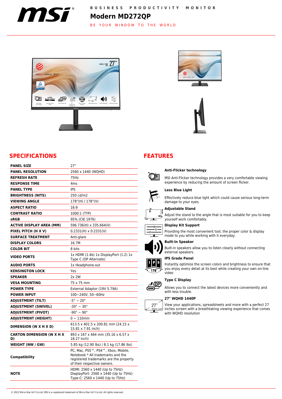 MSI Modern MD272QP 27" 1440p Monitor (Black) User Manual | 2 pages