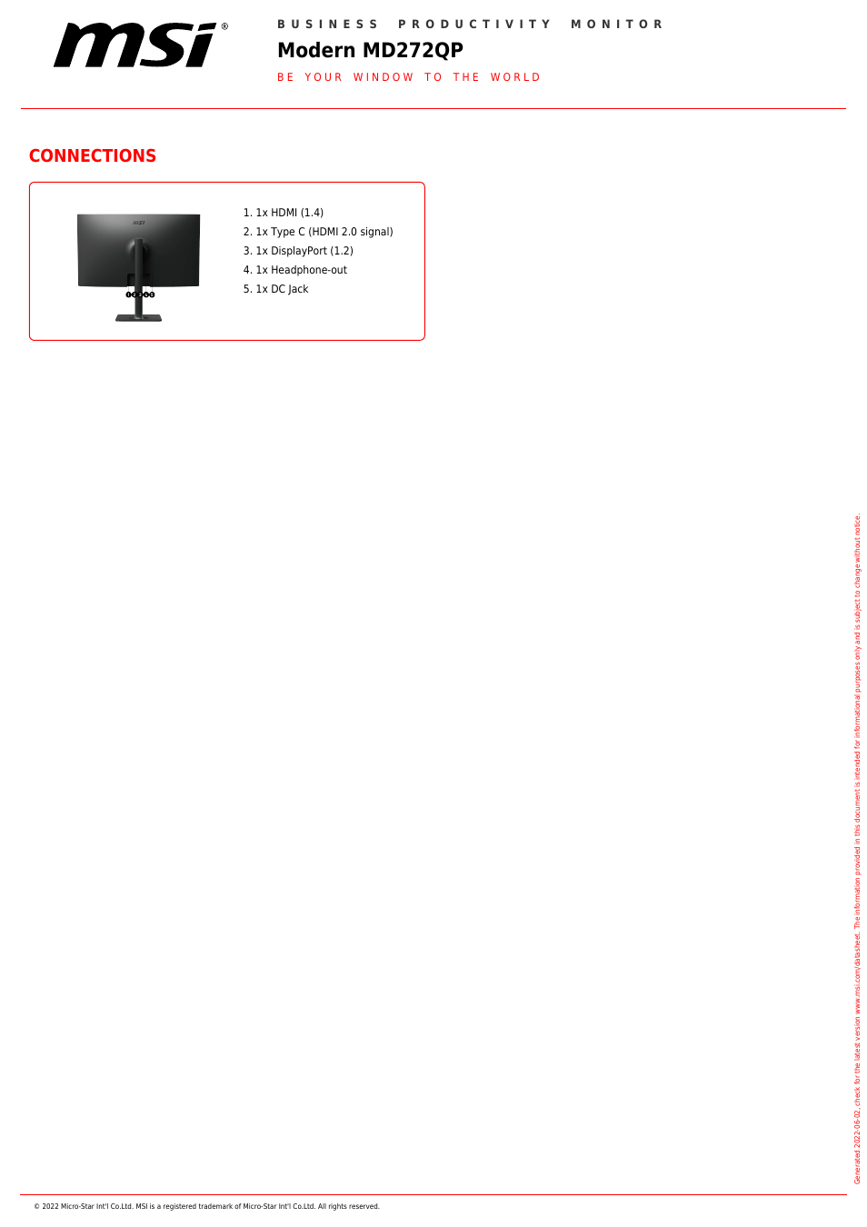 Modern md272qp, Connections | MSI Modern MD272QP 27" 1440p Monitor (Black) User Manual | Page 2 / 2